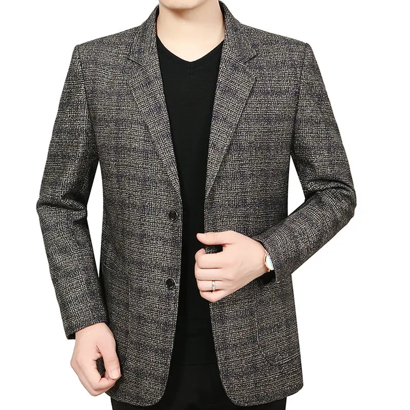 Man Elegant Wool Blazer Yellow Blue Plaid Pattern Woollen Blend Jacket Suits Male Business Smart Casual Notched Blazers Autumn