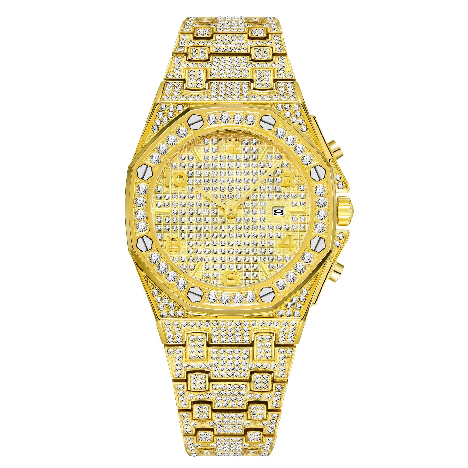 

Europe And America Hot Sales Big Brand Full of Crystals Steel Watch Men Large Dial Top Grade Fashion Stars Calendar Watrproof Wa
