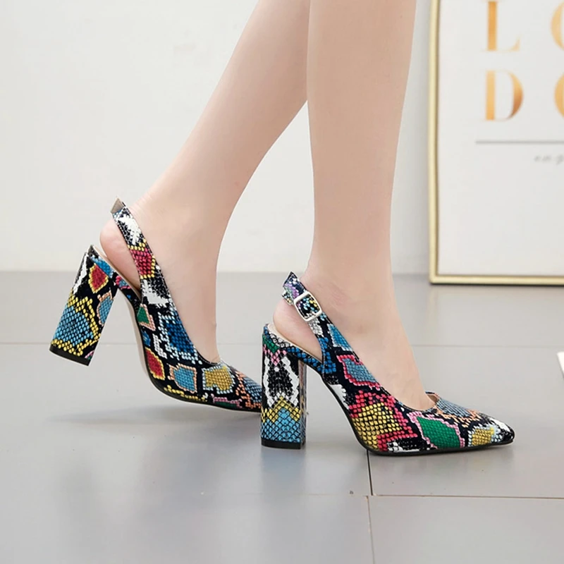 

2019 New Pumps Woman Block Heel Slingbacks Pointed Colored snake Leather High Heeled Shoes Lady Club Pumps Size 40 Sandals