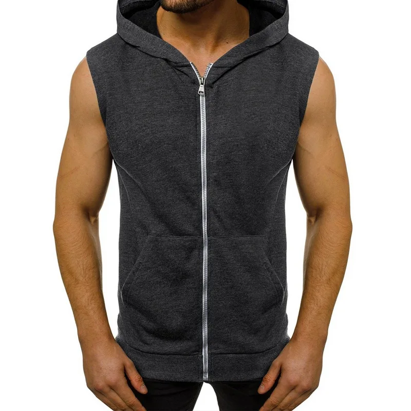 Black Friday Men Fitness Hoodies Tank Tops Sleeveless Tee Shirt Male Workout Zipper Pockets Hooded Vest Waistcoat Solid Undershirt Sportswear