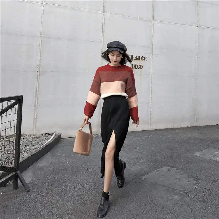 Make 4268# qiu dong bi into the joker knitted skirts side split bar package hip skirt of tall waist pit