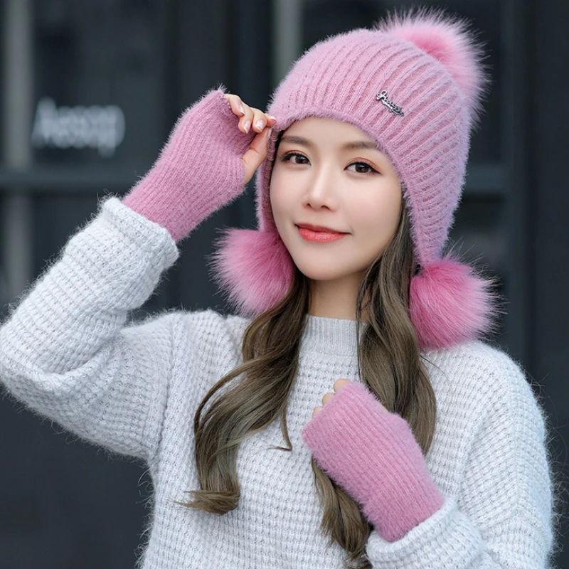 

HT2670 Warm Winter Hat Golves Set Women Earflap Beanie Hat Winter Accessory Lady Rabbit Fur Pompoms Knit Hat Gloves Winter Set