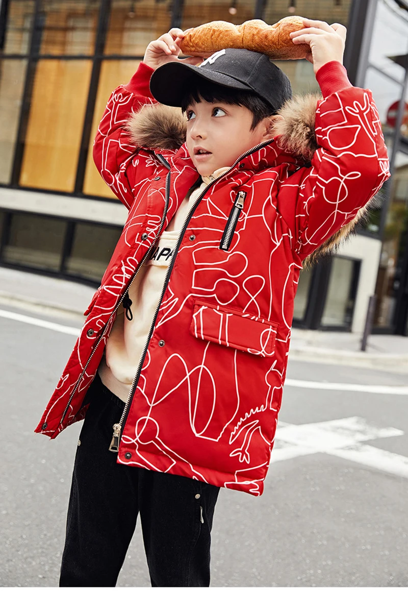 New Winter Kids Boys Down Coat With Fur Collar Graffiti Kids Girls White Duck Down Jackets Thicken Children Outerwear Coat