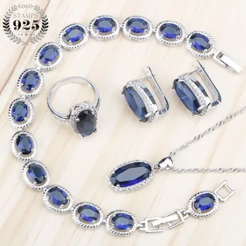 

Dark Blue Zircon Bridal Silver 925 Women Jewelry Sets Charms Bracelets Necklace Clips Earrings Rings With Stones Set Gift Box
