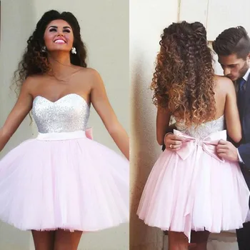 

Pink 2019 Cocktail Dresses A-line Sweetheart Tulle Sequins Bow Backless Homecoming Dresses