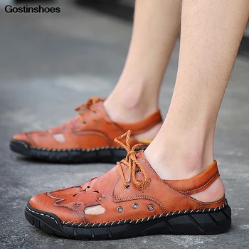

Summer Sandals Closed Toe Cowhide Casual Large Size Hollow Shoes Men Leather Sandals Handmade Hand sewing