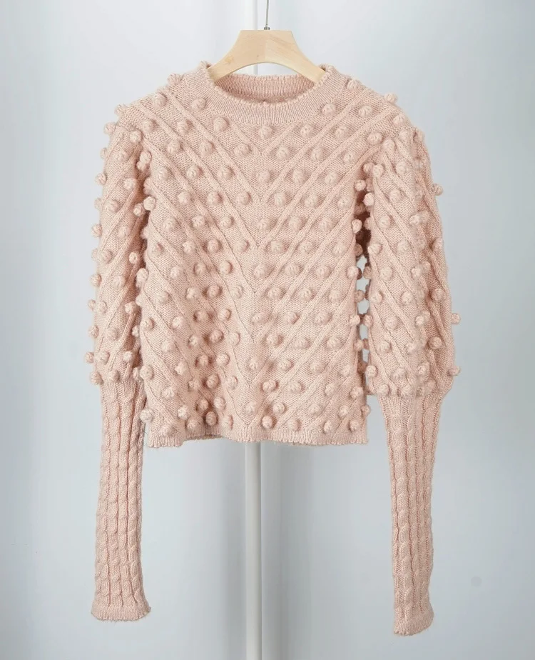 

Women Sweater Spot Handmade Nail Ball Mohair Sweet Pink Lantern Sleeve Wool Sweater Female