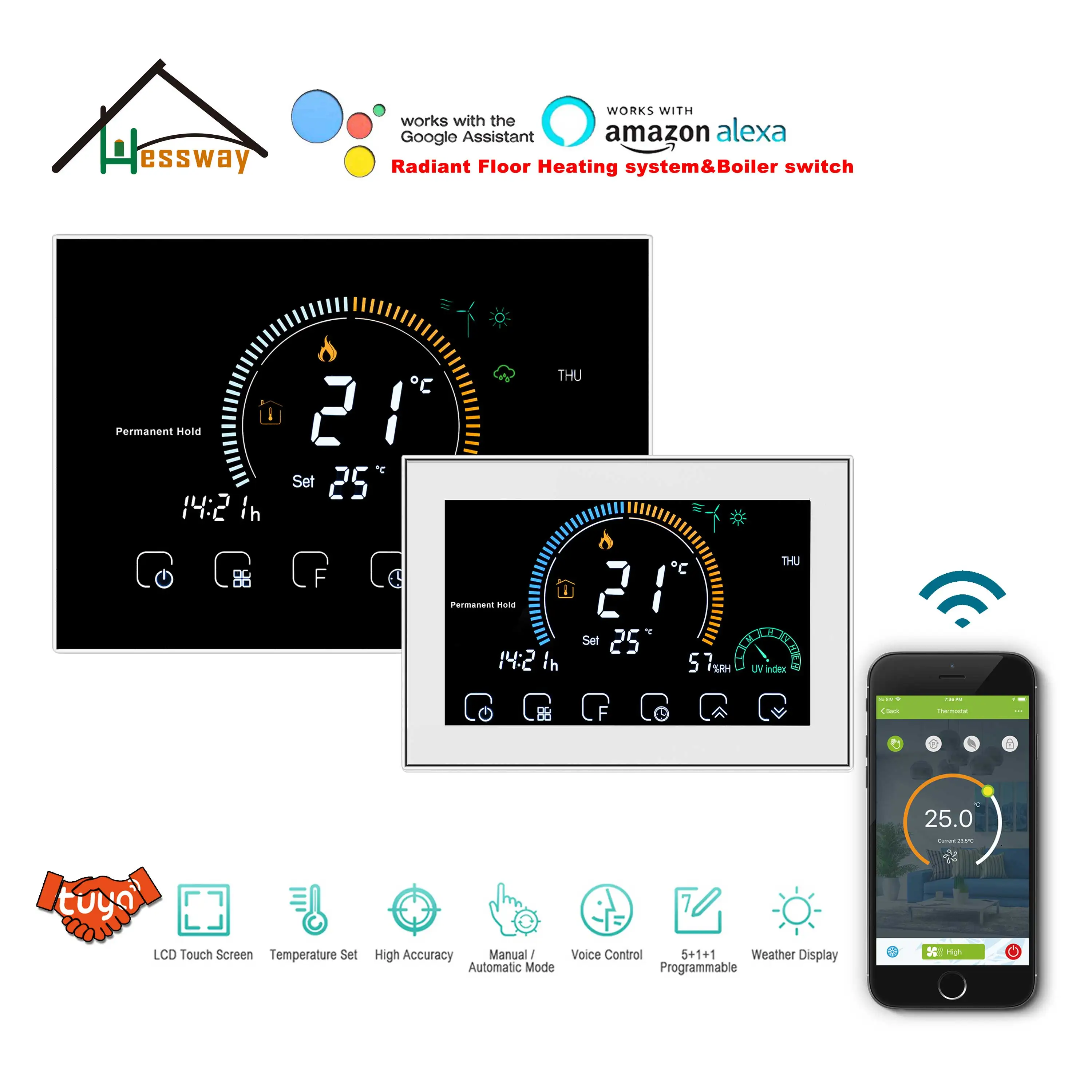 HESSWAY WIFI Infrared Wire Thermostat Electric 16A Underfloor Heating for  Dual sensor Works with Alexa Google home - AliExpress