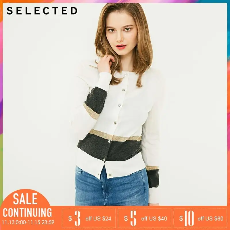 SELECTED Brand NEW sweet low O-Neck stripes matching long sleeve cardigan knit women| 418124503 |