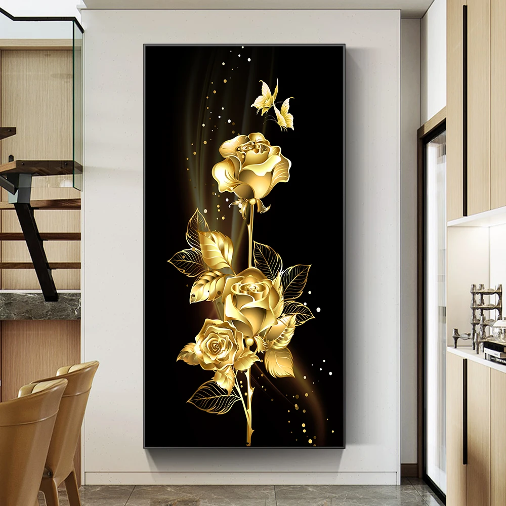 Golden Flowers and Tree Leaves Painting Printed on Canvas