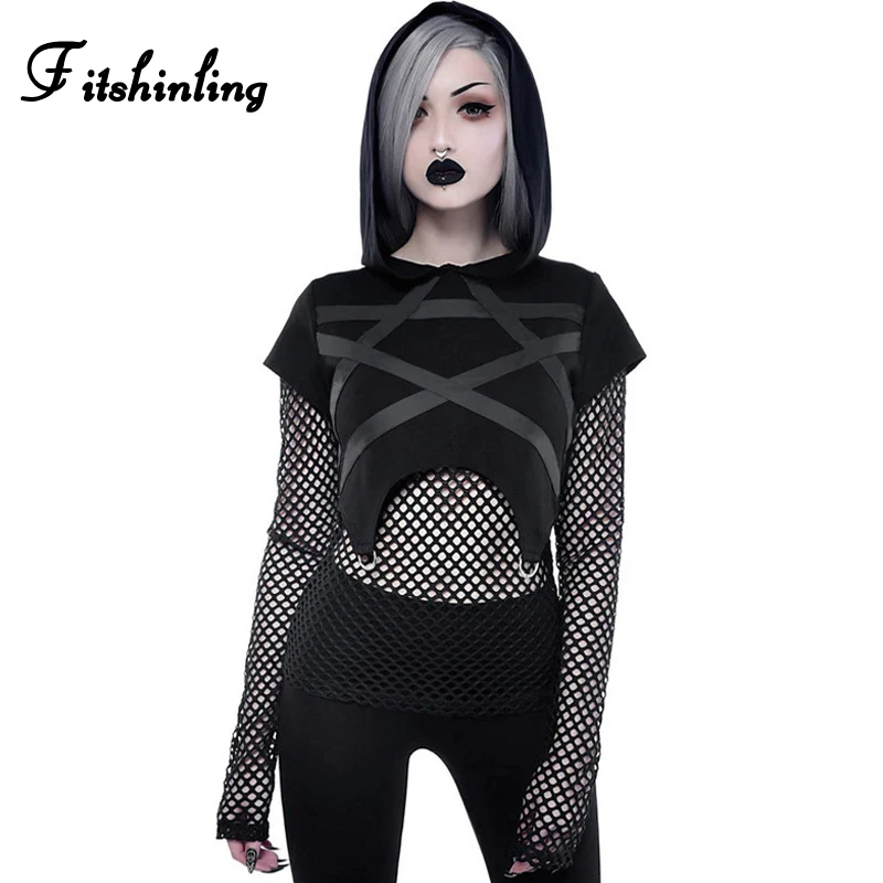 

Fitshinling Goth Dark Pentagram Autumn T Shirt Women Mesh Patchwork Tops Tees Hooded Slim Gothic Black Female T-Shirt 2019 Sale