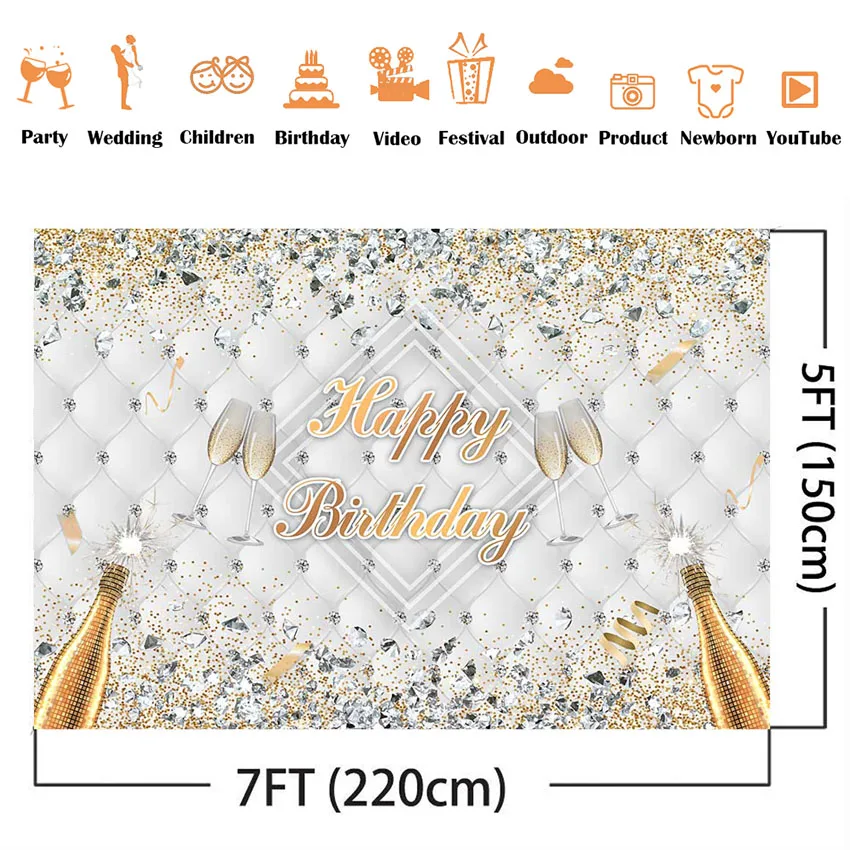 Decoração de Festas de Aniversário para Adultos com Glitter Diamantes Brilhantes Champanhe para Fundo de Fotos de Aniversário - Image 2