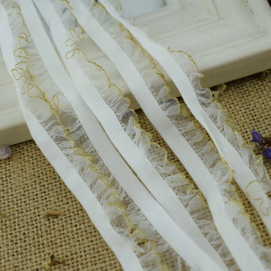 #244 White Color Organza ruffle lace trim 17MM 6yards/lot elastic Fold Chiffon Yarn Lace hair Elastic bands Gauze Ruffles | Дом и сад