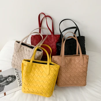 

Weave Designer PU Leather Shoulder Bags For Women 2020 Elegant Solid Color Luxury Lady Tote Bag Fashion Travel Shoulder Handbags