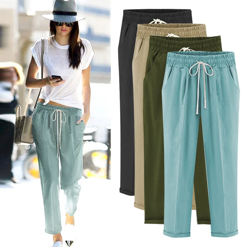 

Spring summer women cotton linen ankle-length harem pants plus size 6XL elastic waist female casual pants trousers