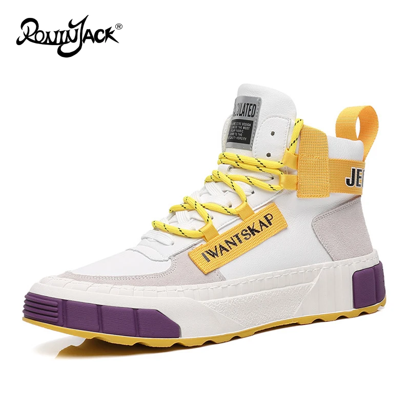 

High Top Sneakers Shoes Man 2020 Leather Color Blocking Short Boots Casual Shoes Outdoor Non-slip Skateboard Shoes Men