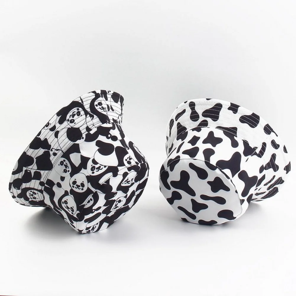 New Fashion Women Cute Cow Panda Print Outdoor Double Sided Reversible White Black Bucket Cap Sun Hat For Women Gorras 3 Styles