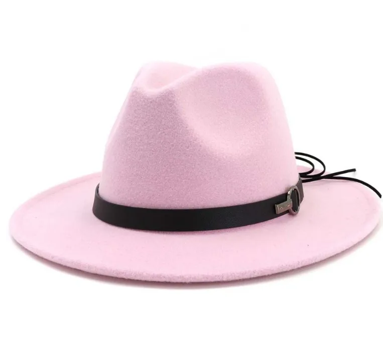 Для женщин с широкими полями шерсть фетр Джаз Fedora шляпы Панамы стиль дамы открытый повседневное Трилби шляпа игрока вечерние ковбой солнцезащитная Кепка - Цвет: Pink