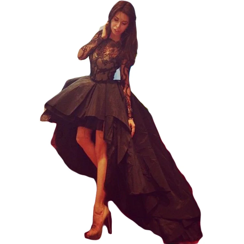 

Vestido De Festa Curto Black Lace evening prom gown Long Sleeve Short Front Long Back Party 2020 mother of the bride Dresses