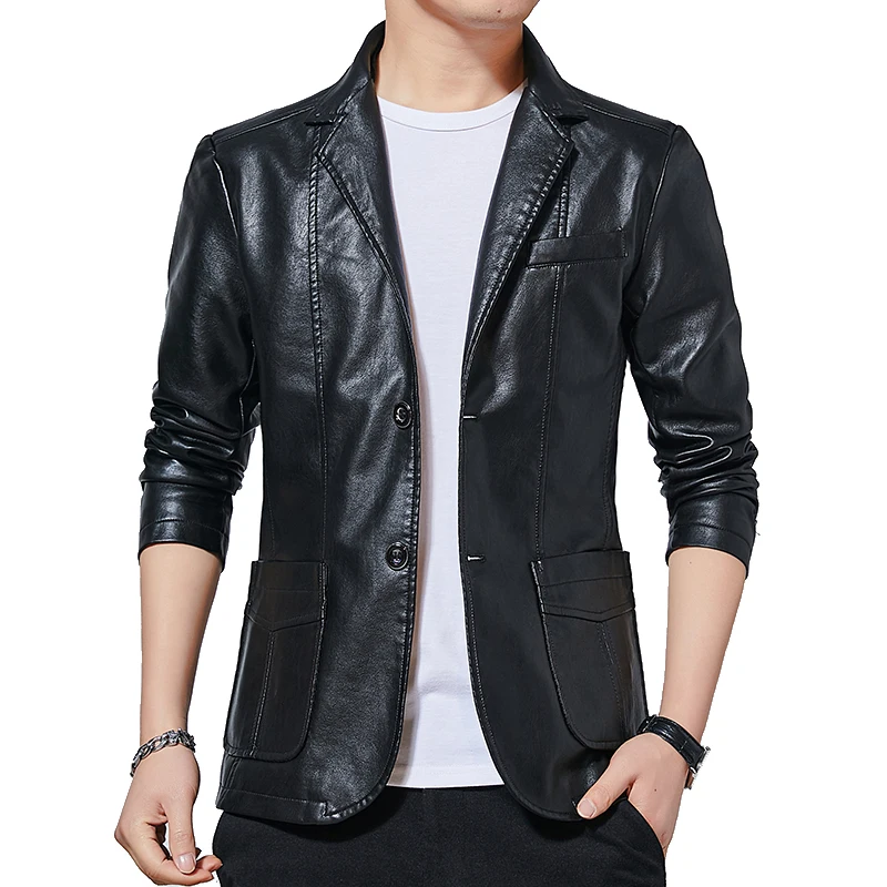 Blazer Men Jackets Faux-Leather Coat Business-Suit Slim-Fit Black Male Solid Casual Two-Buttons
