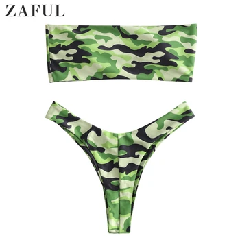 

ZAFUL Sexy Strapless Bikini Swimwear Women Swimsuit Bandeau Bikinis Set Two Piece Camo Print Summer Beach Bathing Suit Female