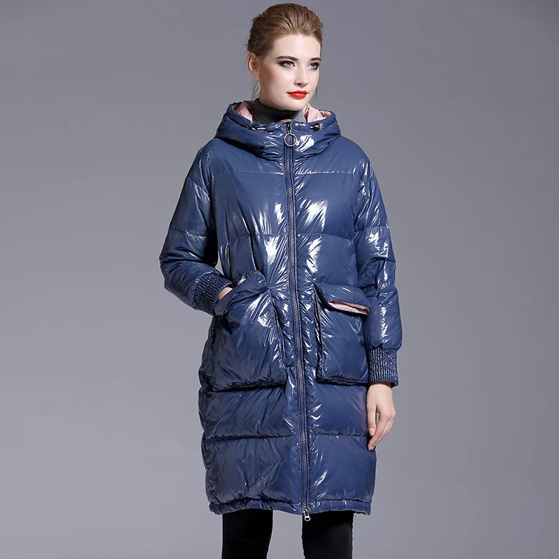 

2019 new winter down jacket whom han edition loose long shiny bread thickening coat 433 big yards
