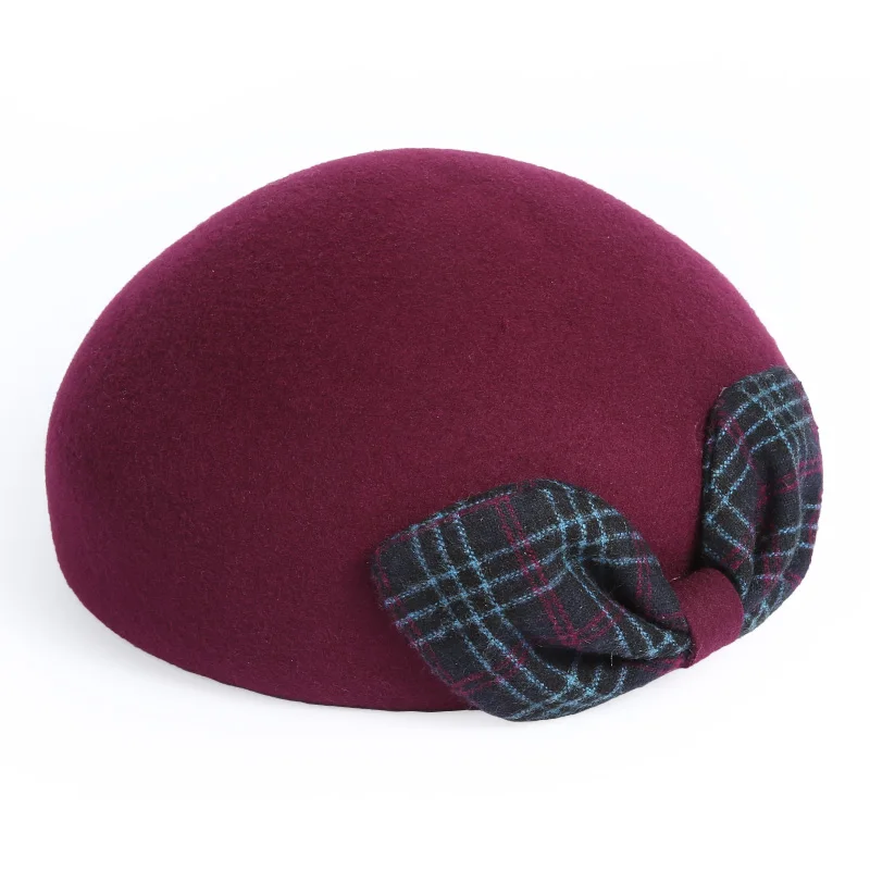 WineRed H7688 женский берет, шапка, Осень-зима, Ретро стиль, шерсть, шапка, женская, теплая, с бантом, высокое качество, модные, элегантные, вечерние, церковные, простые головные уборы - Цвет: WineRed