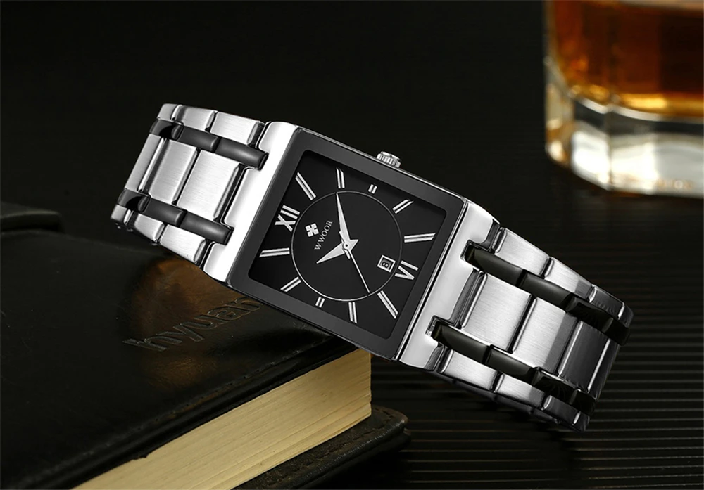 Relogio Masculino New Fashion Watches Men WWOOR Luxury Square Blue Men's Wristwatch Stainless Steel Waterproof Quartz Clock Male