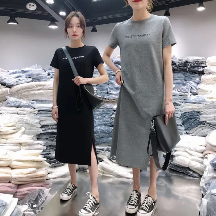 

2019 Summer New Style Short-sleeve Dress Women's Casual Belly Covering Large Size Loose-Fit Mid-length over-the-Knee Base T-shir