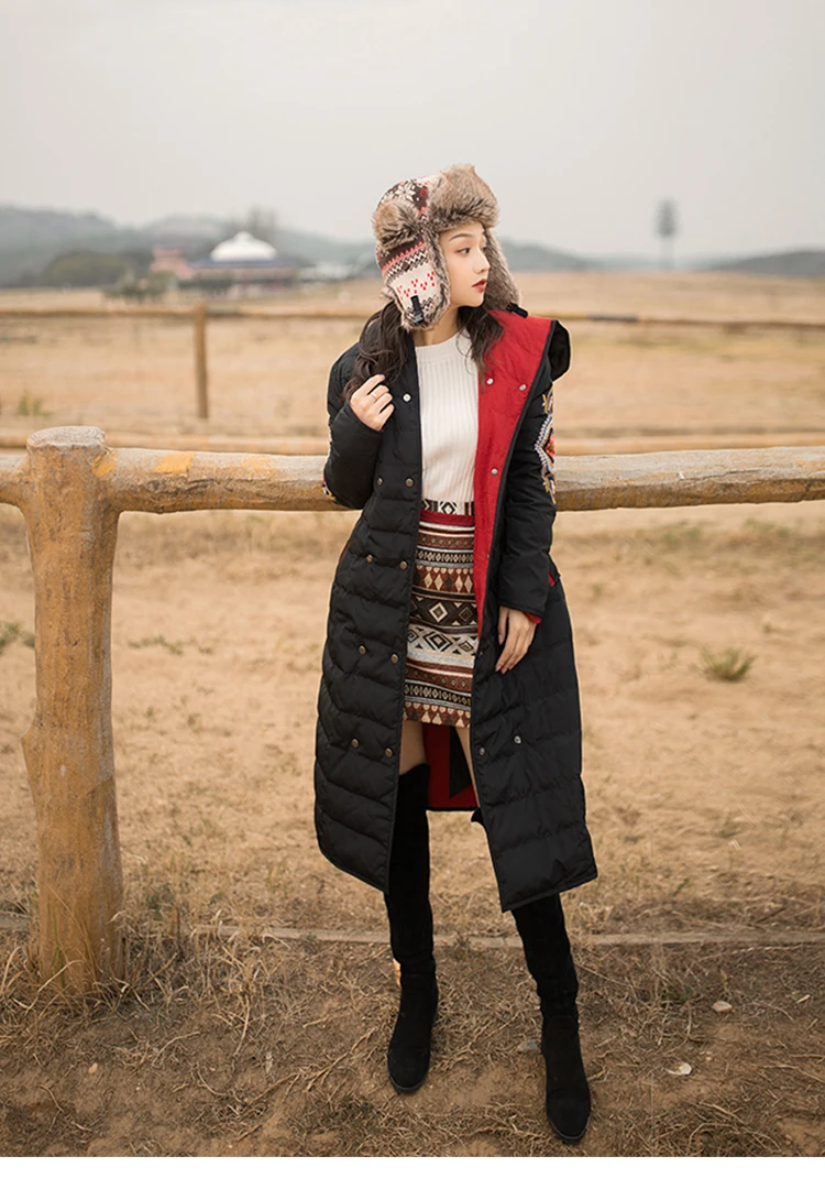 YOSIMI Winter Women Warm Down Coat Embroidery Female Long White Duck Down Jacket with Hooded Wear Both Sides Wide-waisted