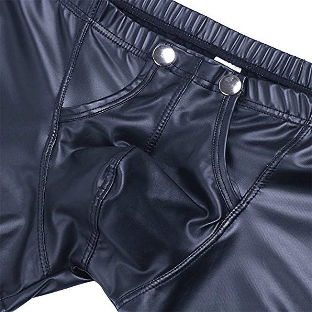 Sexy Men Boxers Open Crotch Faux Leather Lingerie Stage U Convex Pouch Black Patent Leather Boxers Shorts Underwear