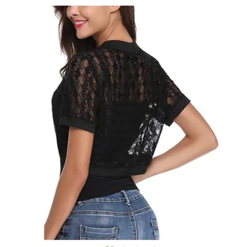 

New Summer Womens Solid Casual Lace Loose Shawl Cardigan Top Cover Up Short Sleeve Korea Style Blouse