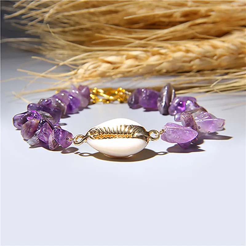 Irregular Natural Turquoises Stone Chip Beads Bracelet Crystal Quartz Cowire Shell Charm Bracelet For Women's Jewelry Gifts - Окраска металла: Amethyst