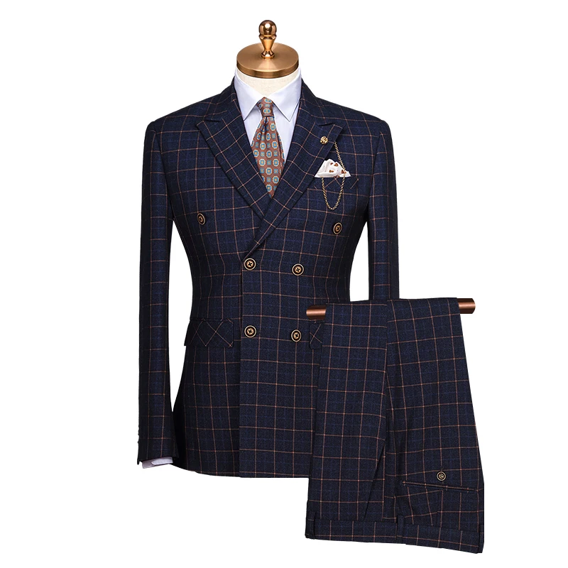(Blazer + Vest) Wedding Suits For Men New Year Gifts Winter Deep Blue Plaid Double Breasted Stage Clothes Men Formal Mens Suits