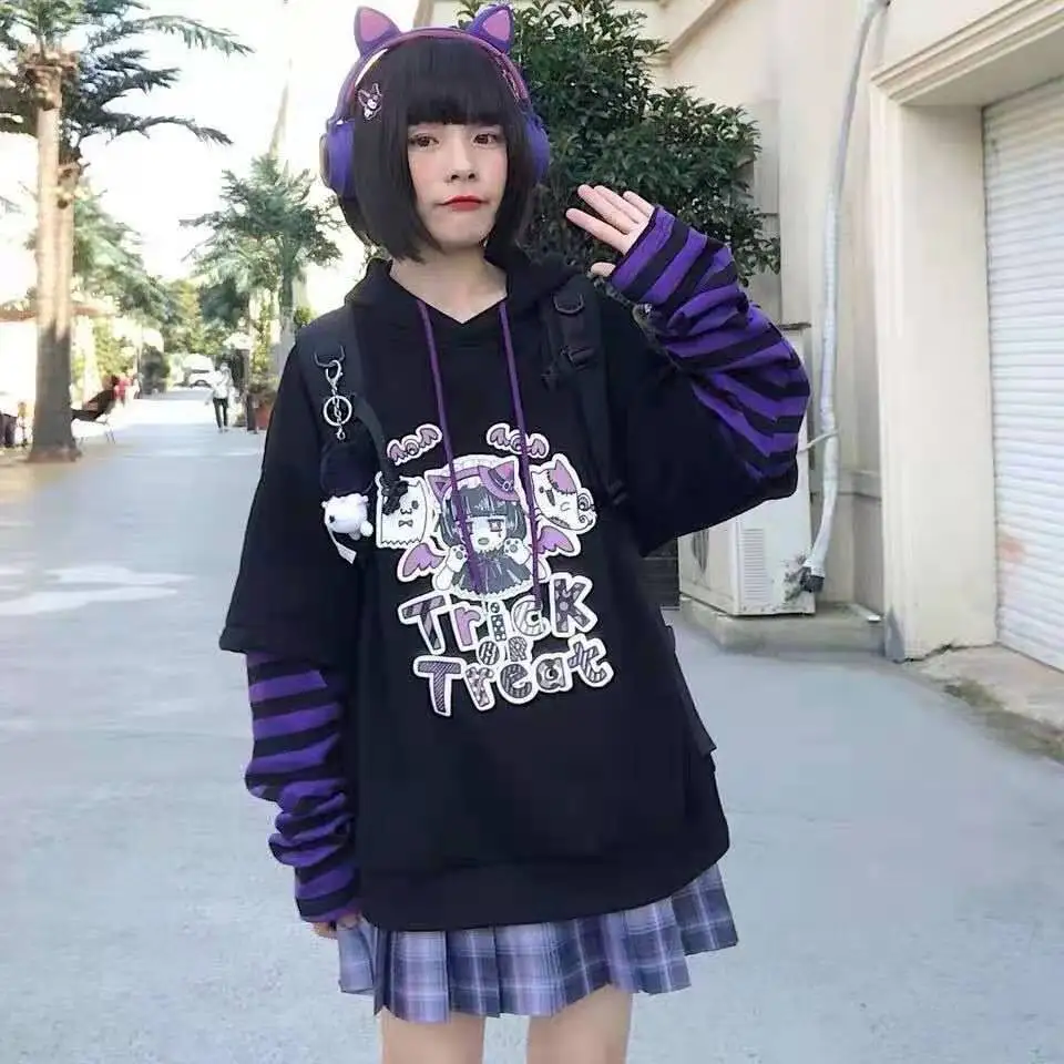 Sudadera con capucha de dibujos animados para mujer, de manga larga, estilo universitario Retro, holgada y grande, de otoño