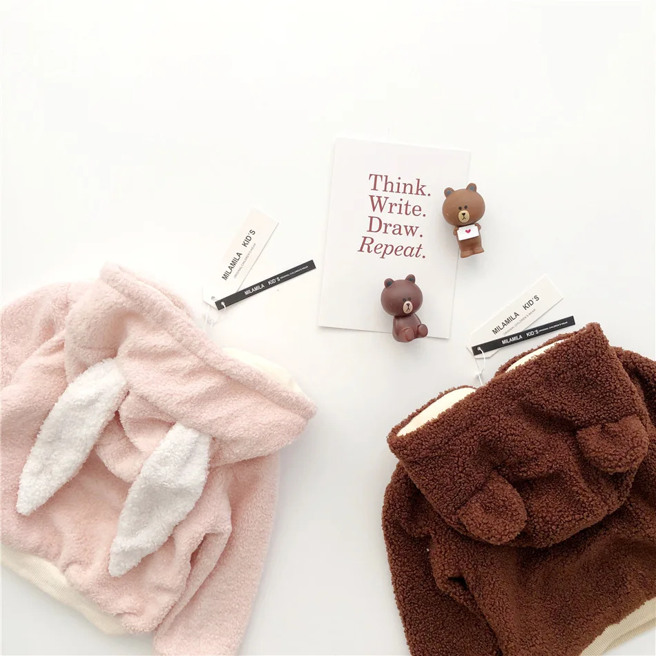 Tonytaobaby/Новинка; зимняя детская одежда для мальчиков и девочек; флисовая толстовка с капюшоном с изображением медведя и кролика