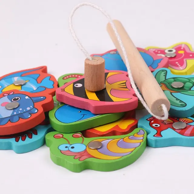 Magnetic Wooden Baby Fishing Toy Kids Home Simulation Ocean Intellectual Fish Game Toy 4