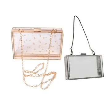 

LJL-2 Pcs Acrylic Transparent Clutch Chain Box Women Shoulder Bags Hard Wedding Party Evening Purse Silver & Clear + Gold