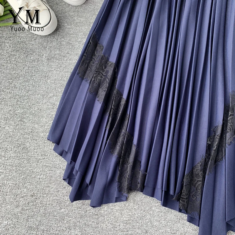 YuooMuoo нерегулярные женские плиссированные юбки Высокая талия ассиметричное миди юбка модная кружевная Лоскутная осенне-зимняя женская юбка