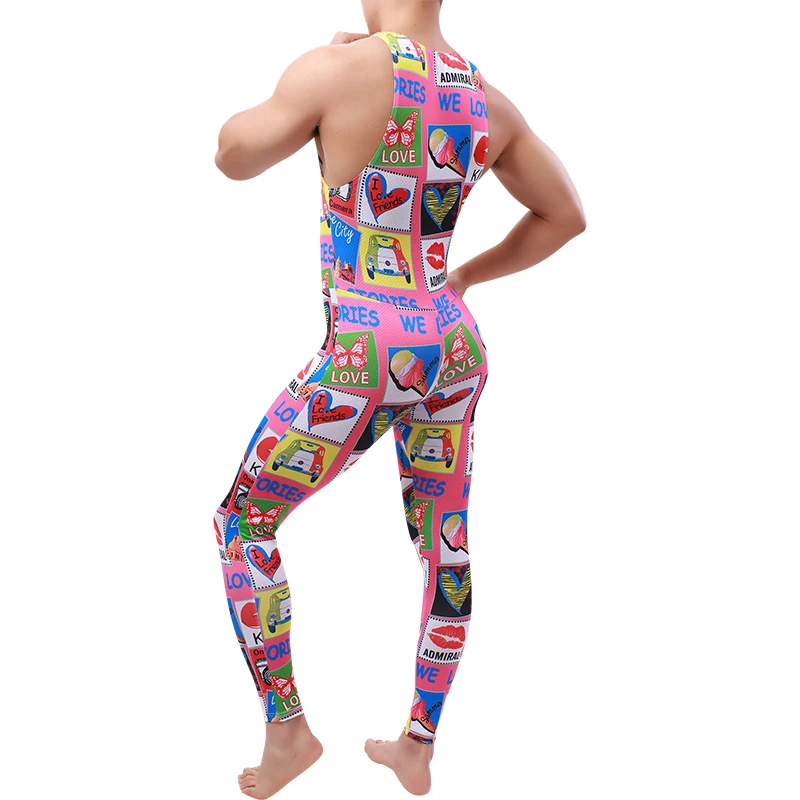 Men Undershirt Leotard Sleeveless Rainbow Printed Jumpsuit Tight Leggings Underwear Bodysuit Wrestling Singlet Rompers Nightwear