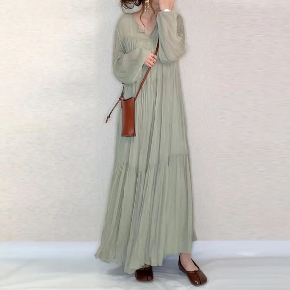

Spring Sweet Women Long Dress A Line Korean Japanese Style 2020 Plain Green V Neck Long Lantern Sleeve Robe Female Maxi Dresses