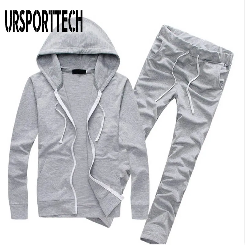 URSPORTTECH мужской спортивный костюм Весна Осень Спортивная одежда модный мужской хип-хоп комплект 2 шт. толстовка на молнии с капюшоном куртка+ брюки костюм - Цвет: Серый