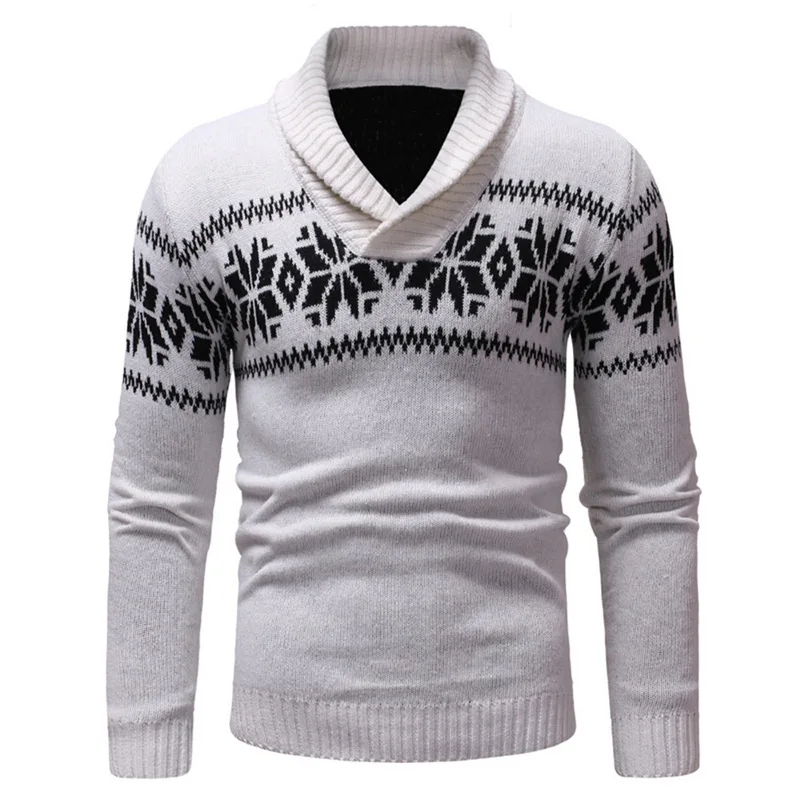 

Mens Two Buttons Neck-line Pullover Christmas Sweater Autumn Winter Turndown Collar Casual Printed Knitted Sweaters