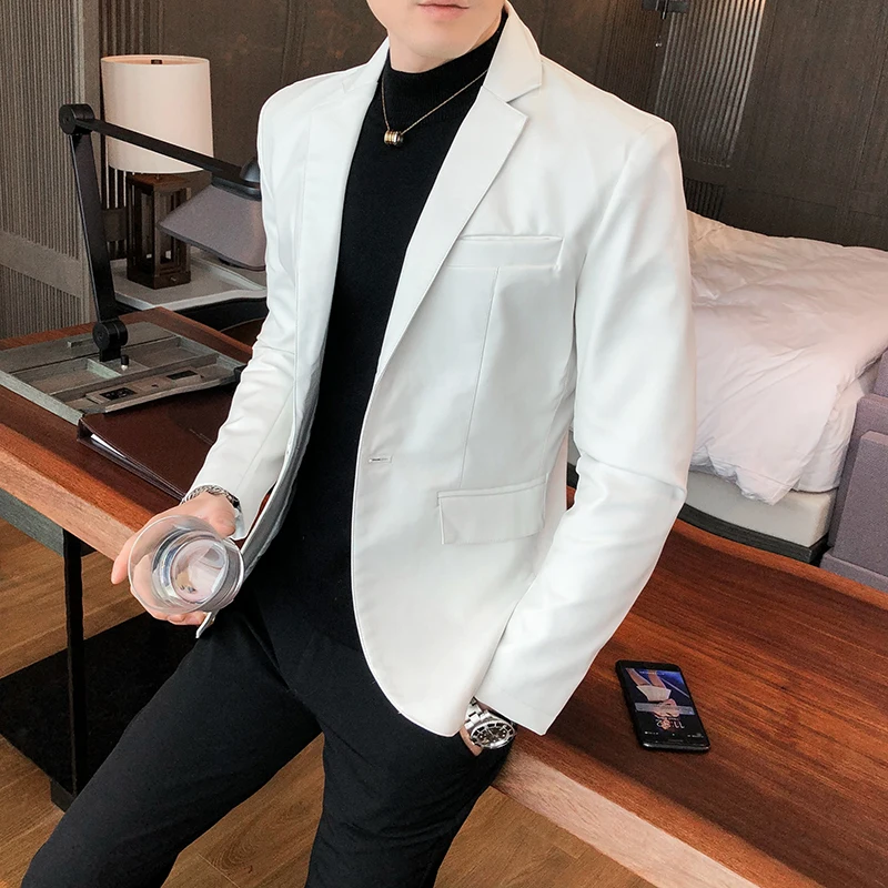 Blazer Hombre PU Leather Jackets Men Fashion Solid Slim Fit One Button Business Casual Blazers For Men Korean style Suit Jacket
