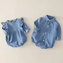 Джинсовые рубашки для маленьких мальчиков и девочек, одежда, джинсы с длинными рукавами, боди для новорожденных, детская одежда для девочек и мальчиков, JW7647