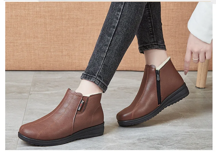 2025 Top Quality Mom Leather Ankle Boots Women Non-slip Winter Fur Snow Boots Female Wedge Oxford Sneakers Womens Winter Shoes