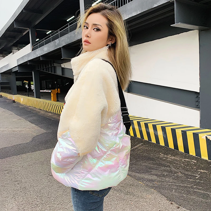 HEYounGIRL голографическая блестящая меховая плюшевые пальто для женщин зимняя Лоскутная куртка из искусственного меха женская куртка с длинным рукавом
