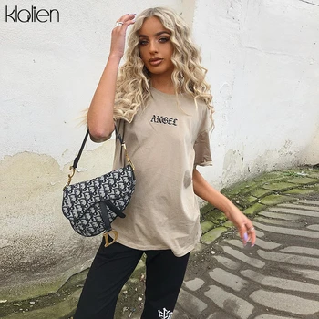 

KLALIEN Women embroidery Casual Fashion T-shirts letter Short Sleeve O-Neck Khaki Loose elastic Female Tees 2020 Summer New