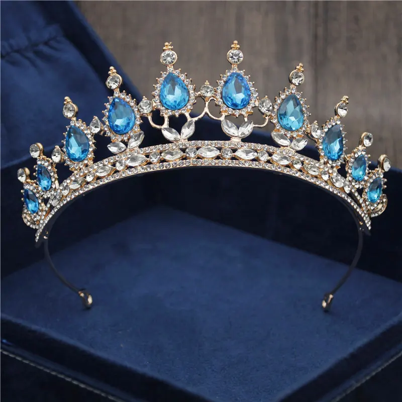 Барокко Винтаж Синий Кристалл невесты корона для женщин головной убор свадебные диадемы и короны свадебные украшения для волос аксессуары Корона Мода - Окраска металла: Gold Light Blue