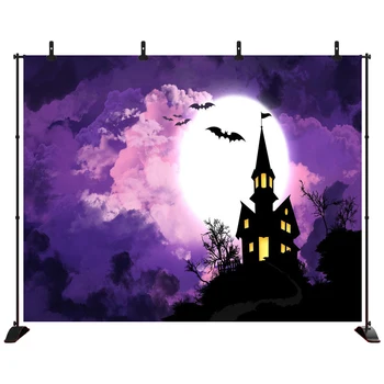 

Acejoker Halloween Backdrop Castle in Dark Bat Big Moon in the Sky Photography Background Photobooth Prop